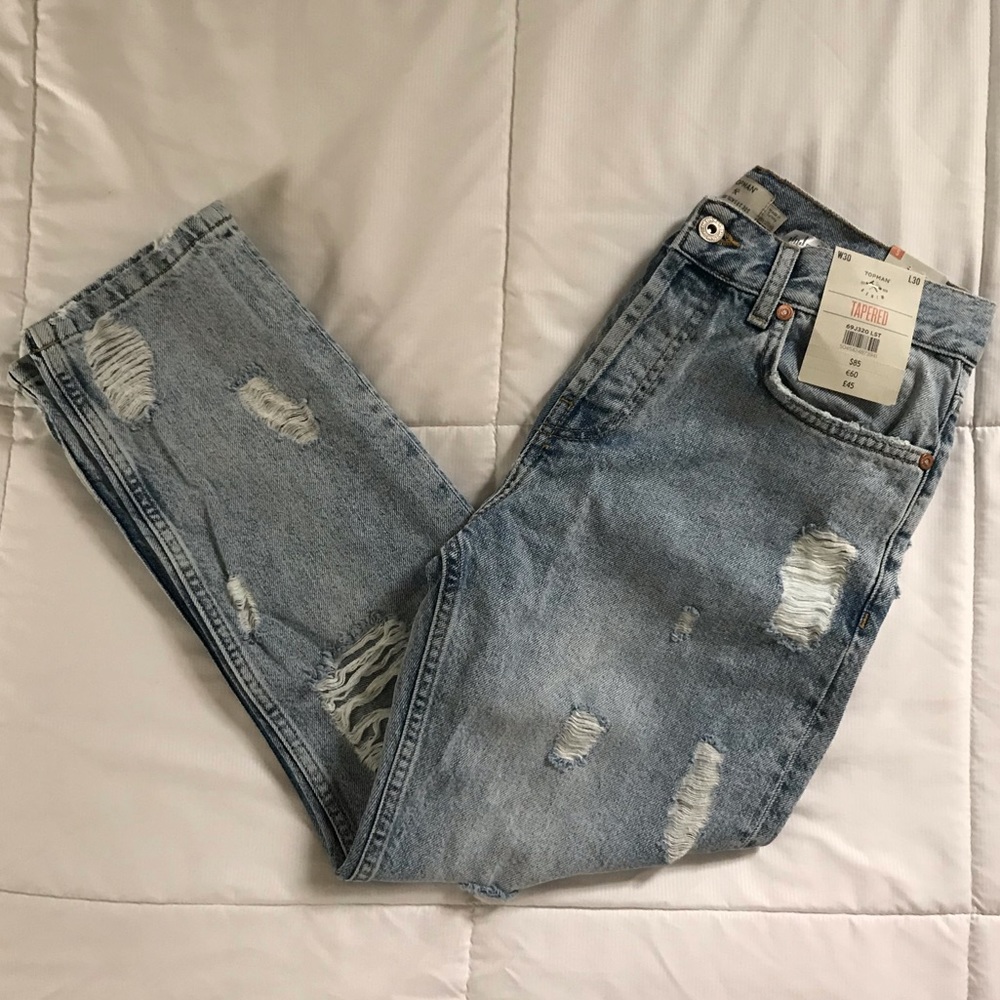 NWT Distressed Topman Denim Tapered Jeans